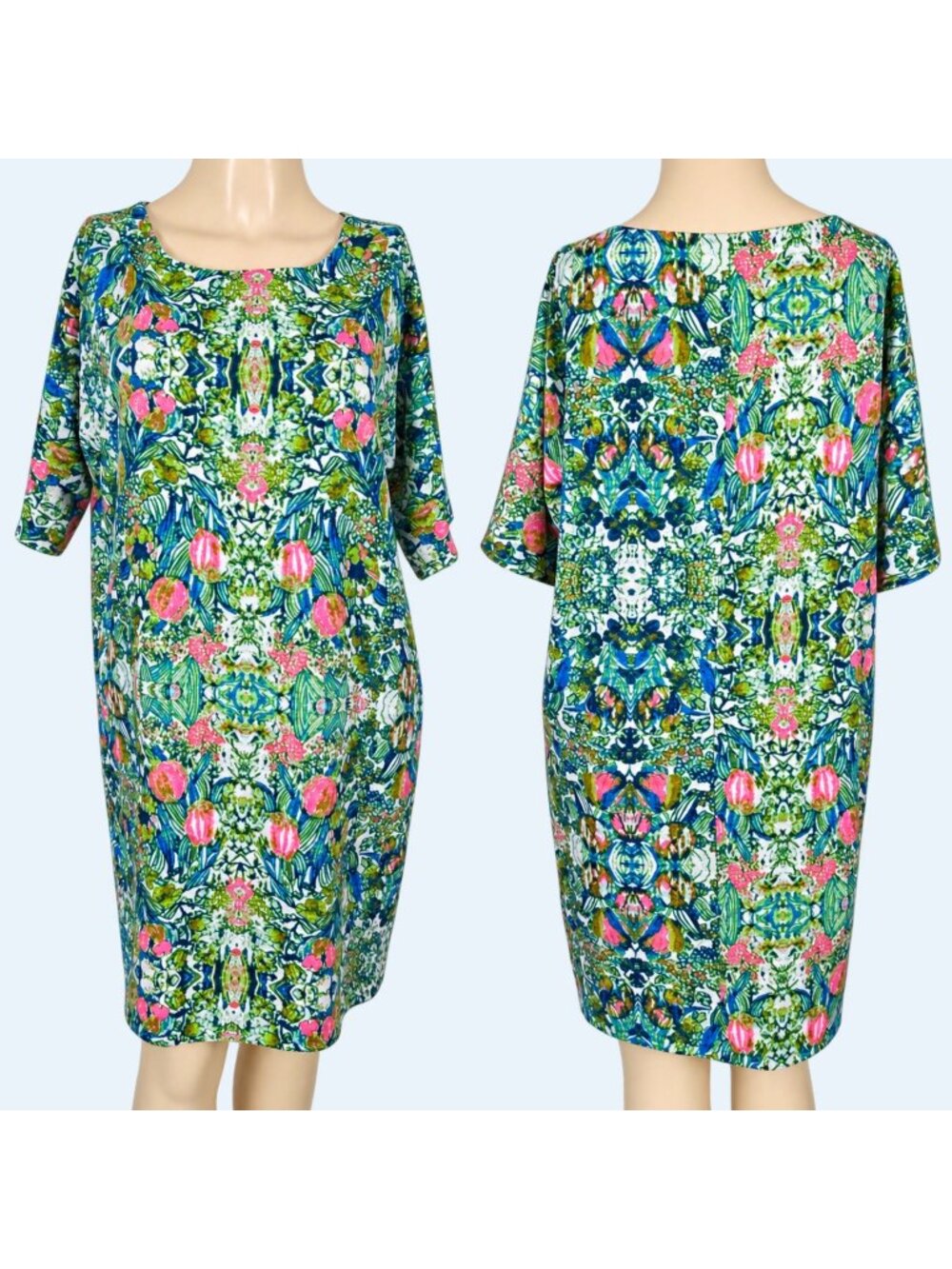 ICHI Dress Womens S Floral Art Green Pink Shift Stretch Knee COBRA DR 100836